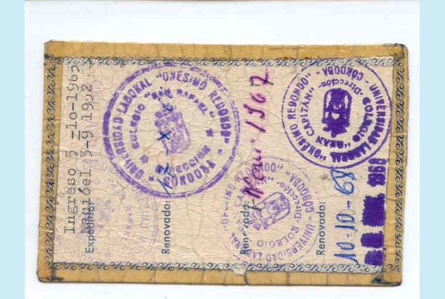 Carnet UNI de Córdoba de 1965 al 1970<br /><br />